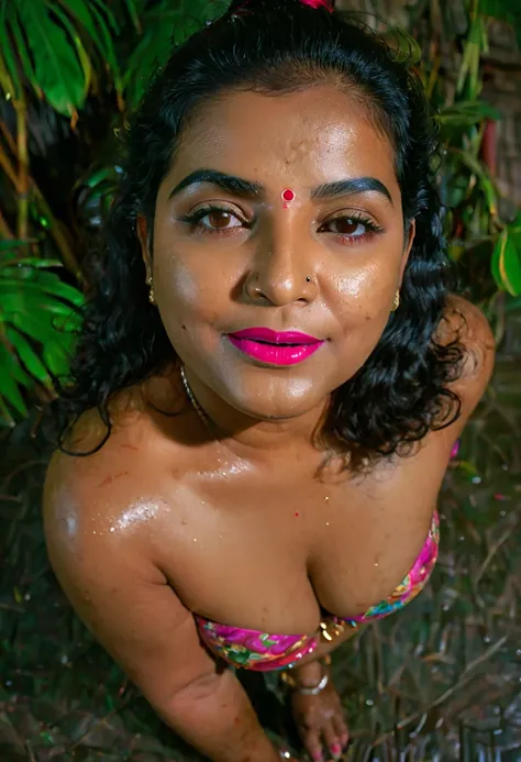 n Indian beautiful woman with fair skin, a long face, big red lips, attractive eyes, her lips glowing with pink lipstick, large round breasts, milk flowing from her nipples, sitting with her legs spread wide apart, completely naked, living with water in he...