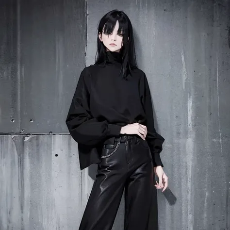 (  Masterpiece  ,  top quality:1.2)、Leaning against the wall、Woman with legs crossed, Wearing tight black clothing,  androgynous  person,  wearing black contemporary clothes ,  androgynous , Wearing black clothes, Tight black clothes, Wearing black clothes...