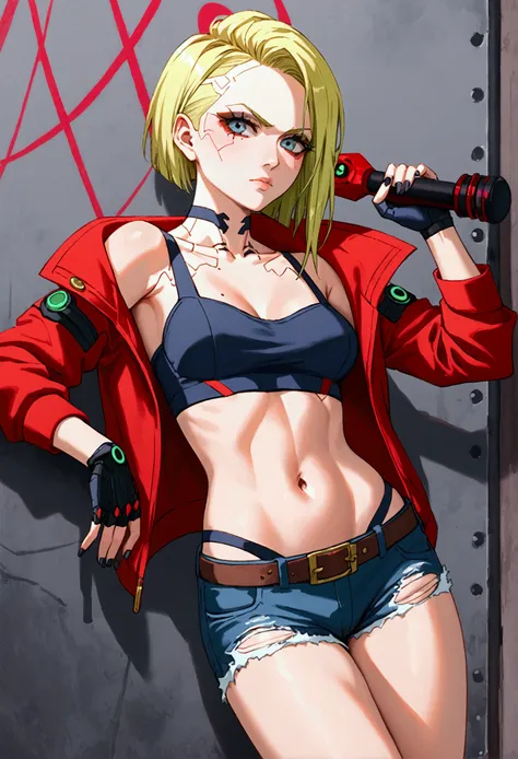   painting of a woman with a hammer and a red jacket ,  ripped denim shorts with brown leather belt and buckle ,  resting on a peeling and unpainted wall ,  bleached blonde hair with blue and pink , black top with letters in red ,  mechanical gloves cyberp...