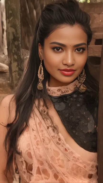 n Indian beautiful woman with fair skin, a long face, big red lips, attractive eyes, her lips glowing with pink lipstick, large round breasts, milk flowing from her nipples, sitting with her legs spread wide apart, completely naked, living with water in he...