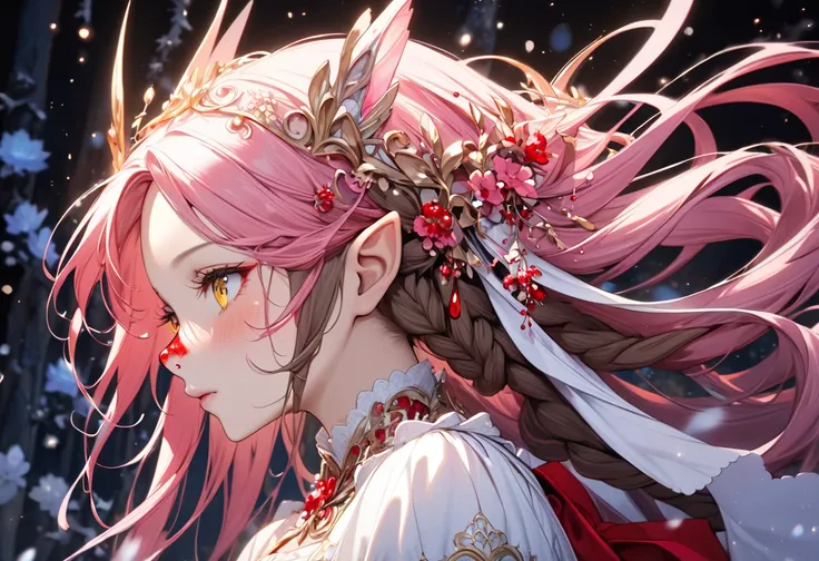 (beautiful and delicate) (Spectacular views illustration), in a beautiful Head Maid clothes, (profile:1.3, looking away), (close up face, focus face), break, (darkness brown skin), (solo, age 1000) (delicate Dreadlocks:1.5 vivid pink hair), (ultra beauty l...