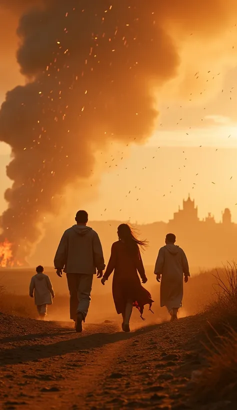 Lot and his family running through a barren wasteland under a sky raining fiery meteors and molten sulfur, their clothes tattered by the chaos, the burning cities in the distance creating an orange glow, ash and debris filling the air, dramatic chase shot,...