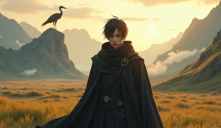 a 18 years old man with black skinny cloth and also cloak, he is angry and serious, the environment is a great landscape full of grass, the far is some mountains, there are few clouds on the sky, a great stork-like is stand on the mountain too far, the sto...