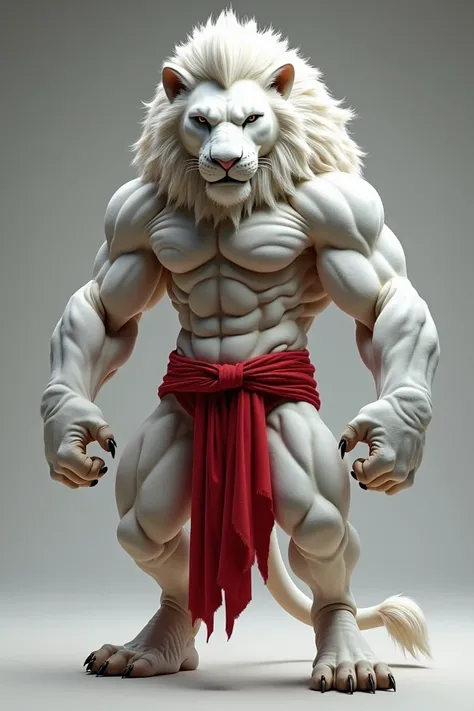 "A hyper-realistic 8K image of a muscular, humanized white lion standing upright on two feet, resembling a powerful fighter. The lion has a strong, athletic build with detailed white fur and a fierce expression, reflecting the intensity of a warrior. It we...