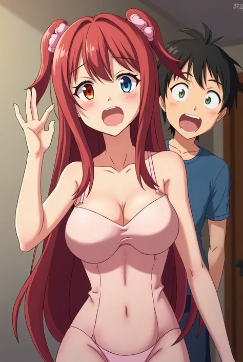 An anime girl masturbating her rosy pussy with her shocked brother seeing everything behind