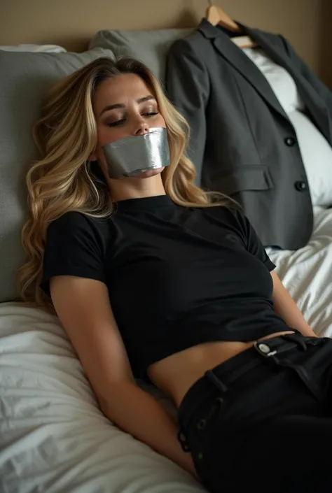 Amber heard wearing black pants and black t-shirt from wool to her neck with grey business jacket lying down on the bed hands hidden in her back mouth taped by silver duct tape long blonde hair slim body eyes closed