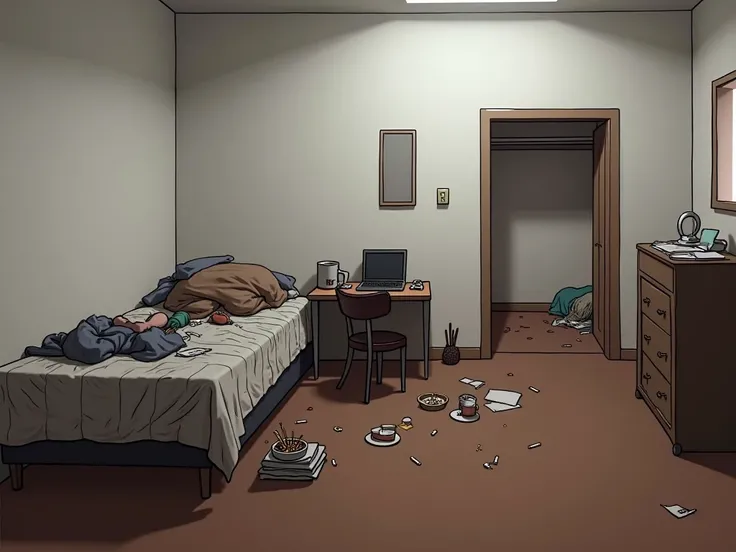 Seen from the right corner In  this bedroom the bed is full of clothes and very messy next on the night table theres a full empty mug and an ashtray full of cigarettes butts, in front of the bed theres a table with a laptop half open in from of it theres a...