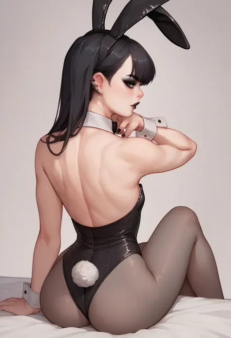  a goth girl,  Long Black Hair, front bangs,  black eyeliner , goth,  flat chest ,  bunny costume, sitting, raised rear 