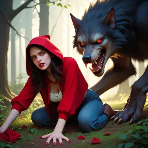 The werewolf breaks with its claws Little Red Riding Hoods shirt with his claws and her breasts are spilling out of it. But she is delighted and looking with lust and desire at the ferocious werewolf.