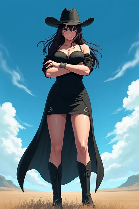 ( masterpiece,  better quality : 1.2),  cowboy pull , Alone, 1 girl, (Tatsumaki), angry,  Closed mouth ,  looking at the spectator, crossed arms,  black dress, blue sky, clouds,  wide hips,  thick thighs, defined body, Perfect beautiful body, Perfect beaut...