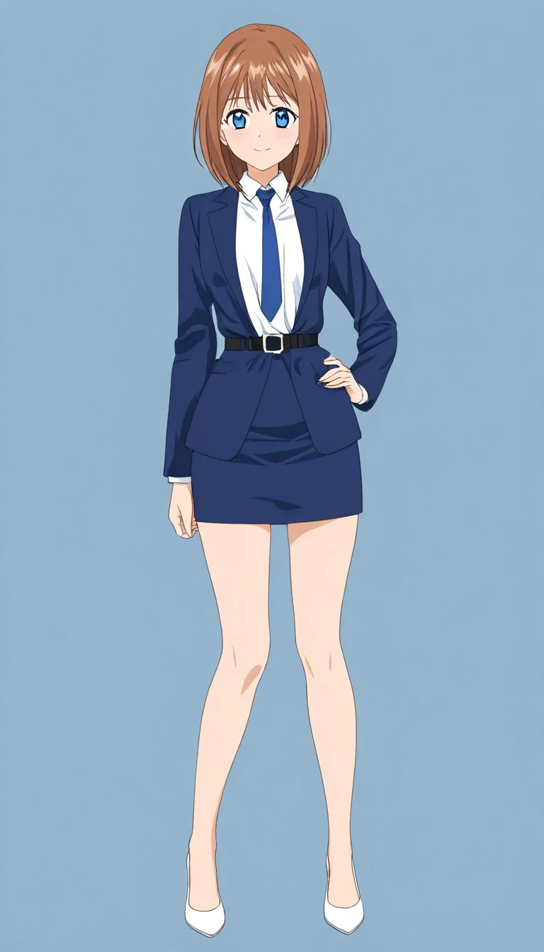 Mahoko Mochida、Brown Hair、Tea pupil、Middle hair、 kind smiles、Blue Eyes、 full body style that reflects your whole body、Normal milk、 narrow waist 、Bare legs、 in a suit、 navy blue jacket , collared shirt 、 white shirt 、 blue tie,belt,navy blue mini pencil ski...