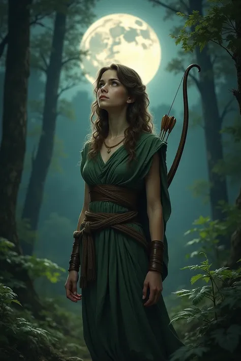 Create an image of a young Artemis hunter with long wavy brown hair Light green eyes who wears typical clothes of the time and has a band in the middle that covers half of her mantle she will be in a dark forest with the moon in the background praising the...