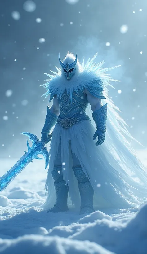 A lone warrior controlling frost and ice, standing on a vast frozen tundra. His icy sword gleams under a dim, pale-blue sky, surrounded by swirling frost and diamond dust. The air is filled with a sense of freezing power, as snowflakes dance in a dramatic ...