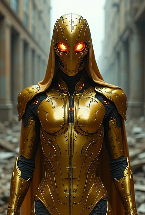 breathtaking cinematic science fiction photo of a portrait of a non human masked Grim dressed as a golden knight in gold metalskin, body full glowing metrics inside, glowing multicoloured eyes, multifaceted eyes, metallic arms, inside a destroyed building,...