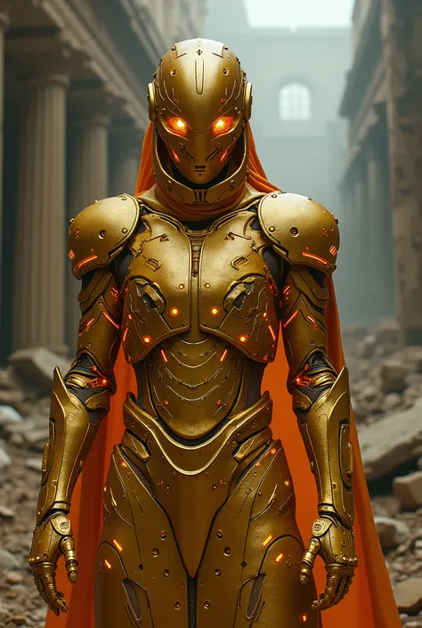 breathtaking cinematic science fiction photo of a portrait of a non human masked Grim dressed as a golden knight in gold metalskin, body full glowing metrics inside, glowing multicoloured eyes, multifaceted eyes, metallic arms, inside a destroyed building,...