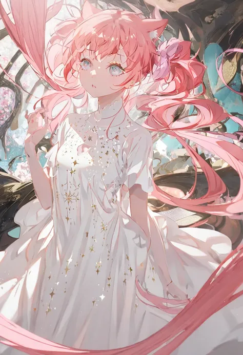  creates an image of a Neko girl dressed in white with stars on her dress,  short red hair, With pink ribbon ,  the pose is floating ,  in an environment similar to a coffee shop 