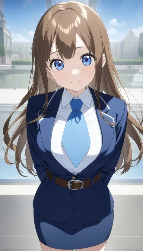 Mahoko Mochida、Brown Hair、Tea pupil、Middle hair、 kind smiles、Blue Eyes、 full body style that reflects your whole body、Normal milk、 narrow waist 、Bare legs、 in a suit、 navy blue jacket , collared shirt 、 white shirt 、 blue tie,belt,navy blue mini pencil ski...