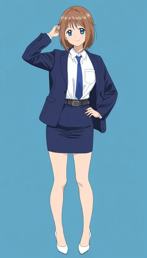 Mahoko Mochida、Brown Hair、Tea pupil、Middle hair、 kind smiles、Blue Eyes、 full body style that reflects your whole body、Normal milk、 narrow waist 、Bare legs、 in a suit、 navy blue jacket , collared shirt 、 white shirt 、 blue tie,belt,navy blue mini pencil ski...