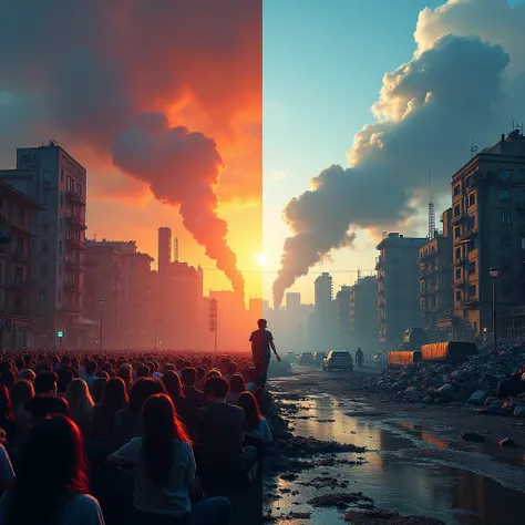 Two sides: the concert on the left and the real war with destroyed city on the right, now border, gradient