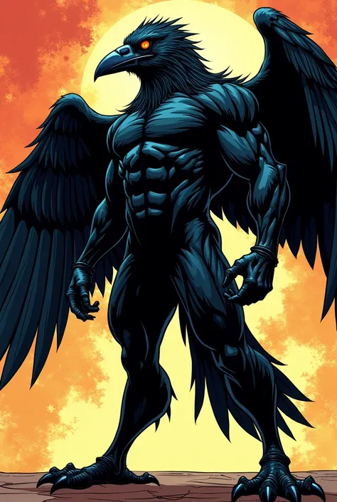 Make a fusion between the black bird and the man, full body, comics style