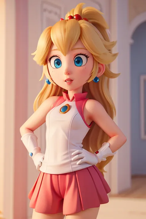 (high-quality detailed textures:1.2),princess peach, ,Princess peach, blonde ponytail, sleeveless, blue eyes, (detailed eyes), beautiful eyes, mario tennis, ultra detailed illustration, detailed face, sportswear, 