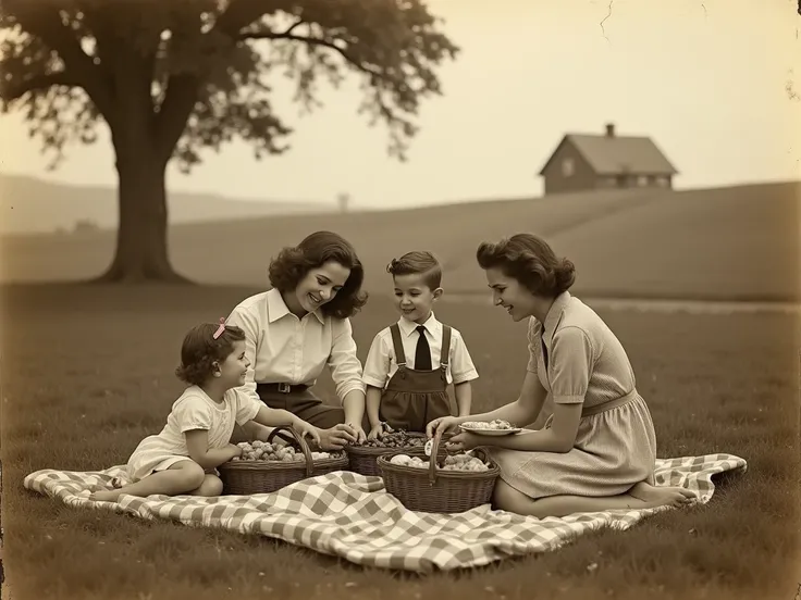 "A soft-focus, sepia-toned vintage photograph of a 1940s countryside picnic scene. A family is enjoying the outdoors, with picnic baskets, checkered blankets, and vintage clothing like dresses and suspenders. The background should feature rolling hills, an...