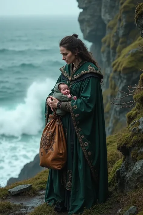 of an island, A witch priestess places a beautiful baby in a leather bag and throws it into the Irish sea 