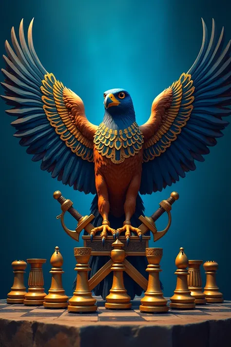  Logo of a pharaonic falcon with a red ring clearly visible on the finger of a clawed paw that scratches a row of chess pawns on which it rests. The falcon has swords crossed in an X shape behind .  It has the inscription  "IBRA"  clearly visible in front ...