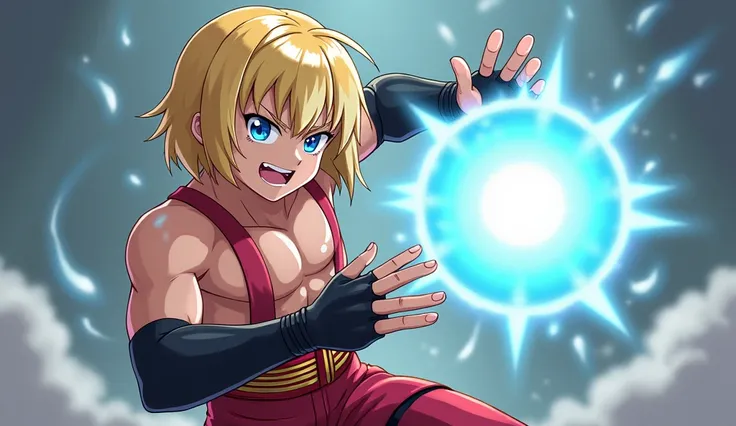 A very cute male wrestler with blonde bob hair ,  wearing a red sleeveless kimono belt with black half-open gloves , In combat pose , with a light blue ball of energy that forms between the two hands one on top of the other