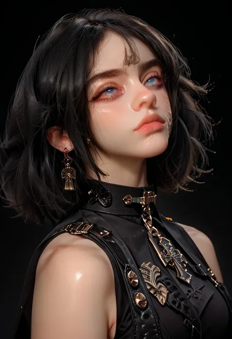 Billie Eilish is standing full body image,  close up from the camera down ,  She is on a black background , Serene blue eyes  ,  has a black outfit attached,  a katana sword , Black skirt, black boot, Ninja props ,mini Black skirt , big boobs big ass , Bea...