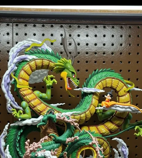 Shenlong and Goku sitting on the cloud while flying