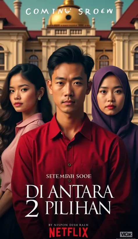 Make a realistic movie poster display three characters with faces facing the camera. In a dramatic love triangle. Above the read "Coming Soon" and "September 20, 2024". The main character of an Asian man, neat black short hair. Wearing a red shirt, confide...