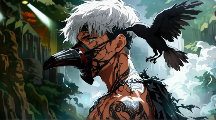 Man, muscular body, medium white hair, gray eyes, tribal tattoo on body, gas mask on half of face, black smoke cape, soot exuding from body, black crow made of smoke, scars on body, jungle scenery, ((Anime character design)), ((2D anime style)), ((Dramatic...