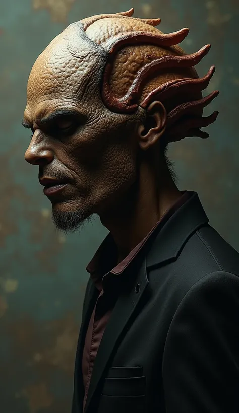 ((RAW Photo), Absurd, (Absurd Resolution)), Masterpiece, Best Quality, (Extremely Detailed CG Unity 8k Wallpaper), (Best Illustration), (Best Shadow), Realistic Lighting, Detailed and Beautiful, Man with Walnut Face the Shell Fuses with the Head, Sinister