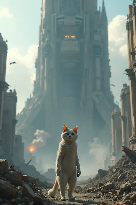 In the heart of a futuristic city, the humanoid cat stops in front of a fallen tower. The sound of explosions fills the air as it touches the ruins with a sense of melancholy, understanding that the world is on the edge of collapse.