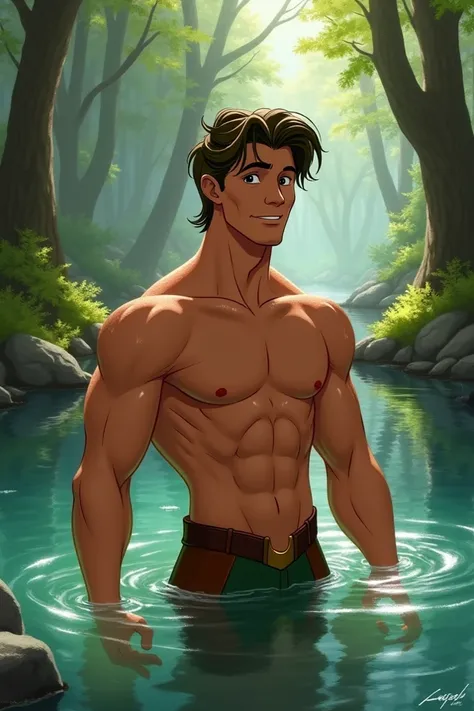 Create a fanart of Disneys Robin Hood but we will see him shirtless and bathing in a river 