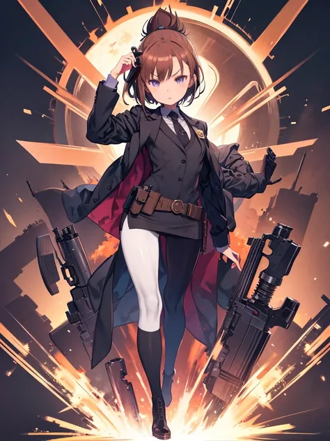  Masterpiece  ,  top quality,  high definition ,  1 girl , Aiming&shooting pistol , brown_hair, short hair, pOnytail, refer to_On_trigger, gun, large-caliber handgun, Desert Eagle, holding, holding_gun, holding_weapOn, ,  suit jacket opened ,  white shirt,...