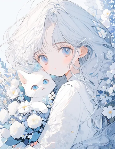  soft line design 、 girl、 white hair、真っ直ぐなlong髪、((((Hold Light white Bouquet))))、💐💐💐💐💐💐💐💐💐💐💐、 upper body、whiteＴ shirt、whiteい背景、Front、look at me,  cute cat, blue tone , long, Straight,  Silver Hair, With bangs.