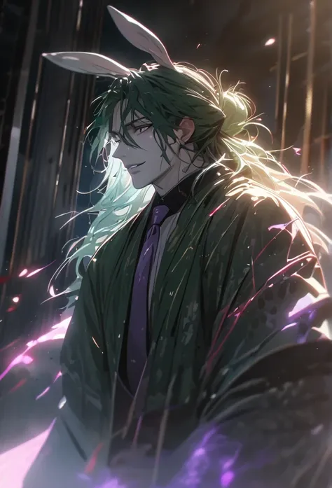 (solo), masculine, dead green hair, messy hair, long hair, dense hair, wild hair, tied up hair, expressive hair, mature,(25 year old), pale skin, bunny ears, rabbit ears, white eyes, ((man)), dark green suit, purple tie, rolled up sleeves, Blood, holding a...