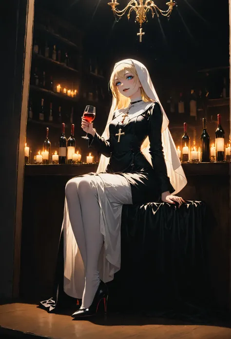 a picture of a 1beautiful vampire Catholic nun sitting in a goth bar, sipping a dark red cocktail, wearing a white catholic nun habit, full body, slightly hiding the edge of white silk stocking, (vampiric fang: 1.3), wearing high heels, smirking, silver cr...