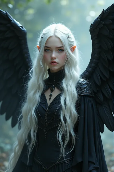 Beautiful white haired girl with black wings