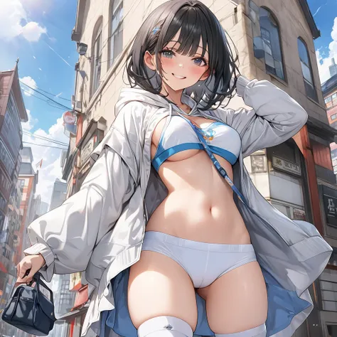  one high school girl、smile、,blush、Short black hair、( smaller breasts;1.5)、 hoodie、Pouch string between breasts、Thighs、Moe sleeves、,(white thigh high:1.5)、blue sky、Building district、whole body、( perfect anatomy ),( best quality), ( ultra hi-res), ( high de...