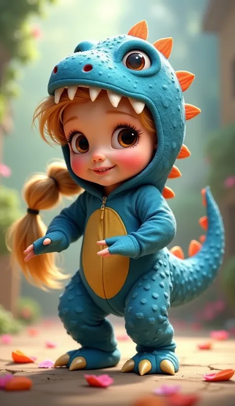  Disney Pixar style character Rapunzel baby with ponytail in her hair , That he has a cute full body blue dinosaur costume so that he has dancing movements