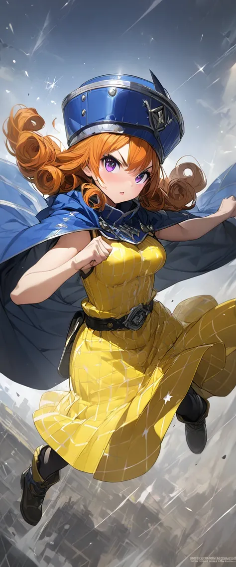  1 girl , Alone, DQ4-Arena、 long hair、Purple eyes、 orange hair、 sleeveless、 black pantyhose、yellow dress、 yellow skirt 、belt、Cape、 curly hair 、 gloves、 Dynamic Poses 、 action pose 、Mid-chest、 blue headwear 、 boots、(Sparkling、Sparkling dress:1.1)jumping,V-s...