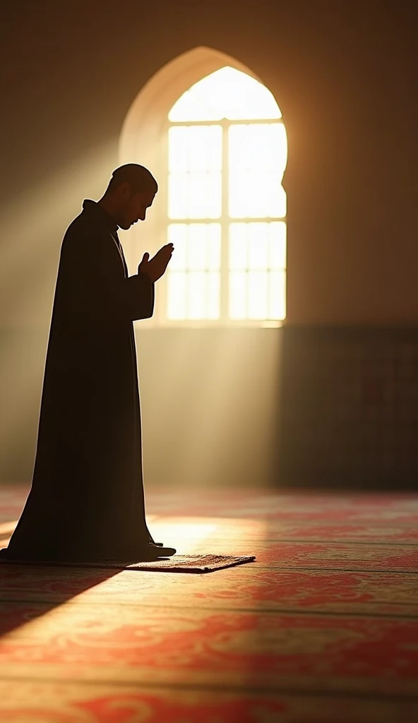 A Muslim in Prayer (Salah):
A man or woman in a serene mosque, standing in prayer with hands raised in takbeer or in sujood (prostration), with soft sunlight illuminating the prayer mat, symbolizing devotion to Allah.