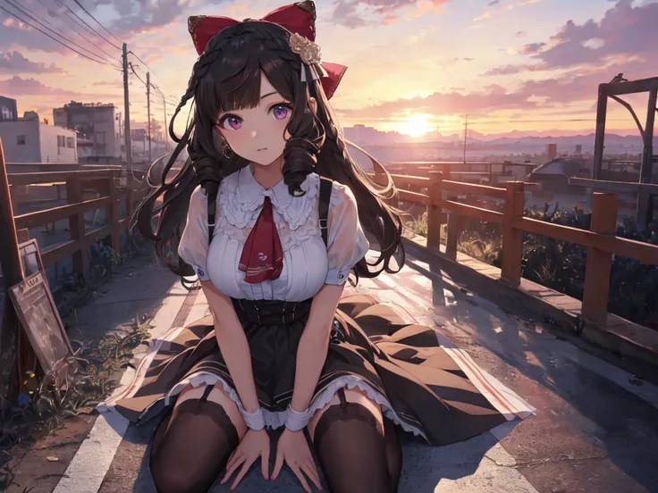 Solo, 1 Female, (Human Ear, Earring), (Black Hair), (Arms Behind Waist), (Kneeling), (Anime Face), (Hair Accessories), (Leather Suspenders, Gorgeous See-Through Dress, Micro Mini Skirt, Garter Belt Stockings), (Sunset Sky, Sunset, Evening Sky), (Focus on B...