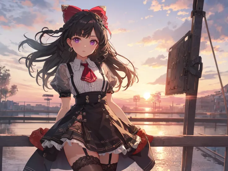 Solo, 1 Female, (Human Ear, Earring), (Black Hair), (Arms Crossed Behind Waist), (Anime Face), (Hair Accessories), (Leather Suspenders, Gorgeous See-Through Dress, Micro Mini Skirt, Garter Belt Stockings), (Sunset Sky, Sunset, Evening Sky), (Focus on Breas...