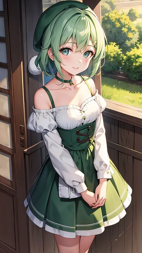 Medium-long shoulder-length green hair,  small size breasts,  small tits、Green Eyes, 、(((Ladylike))), full body from head to toe 、 skirt、 and slightly longer sleeves to fit in the palm of your hand、Feminine clothing、Knitted hat、Chuckle、(())、、A great view、I...