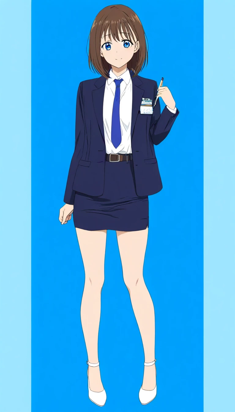 masterpiece、 top quality、Good quality、Mahoko Mochida、Brown Hair、Tea pupil、Middle hair、 kind smiles、Blue Eyes、 full body style that reflects your whole body、Normal milk、 narrow waist 、Bare legs、 in a suit、 navy blue jacket , collared shirt 、 white shirt 、 b...