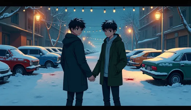 A street covered in snow with Brazilian lights on each side of the image, the place is very dark and its snowing, there are frozen cars with blood in them, there are two male teenagers wearing winter clothes. The two are looking at the viewer, they are hol...